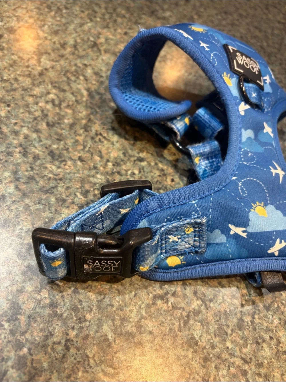 Sassy Woof XS Blue Airplane Print Dog Adjustable Harness Planes Clouds Hearts
